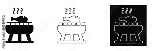 Three barbecue icons with a whole roasted chicken on a grill with smoke