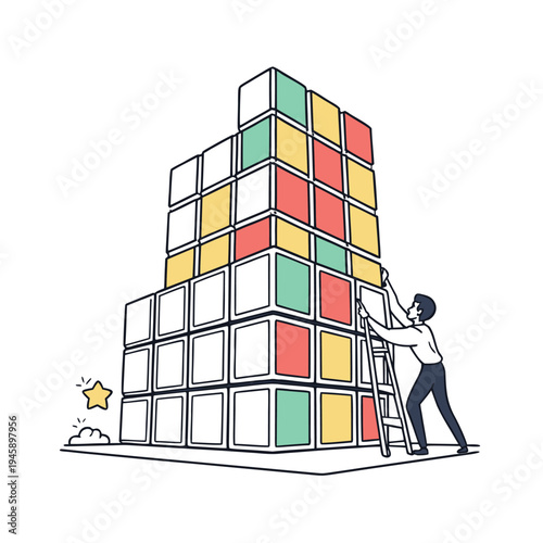 Vector illustration of a man building a tower with colorful blocks