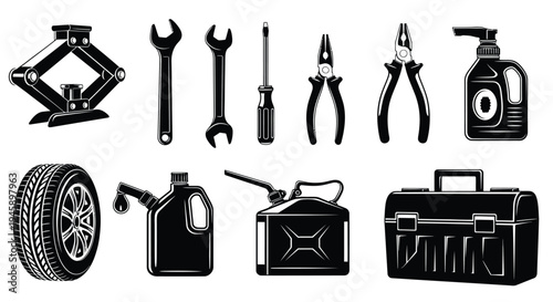 Collection of automotive tools and equipment in a distinct black silhouette