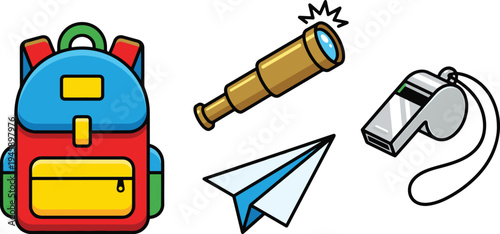 A colorful backpack lies next to a telescope, whistle, and paper airplane.