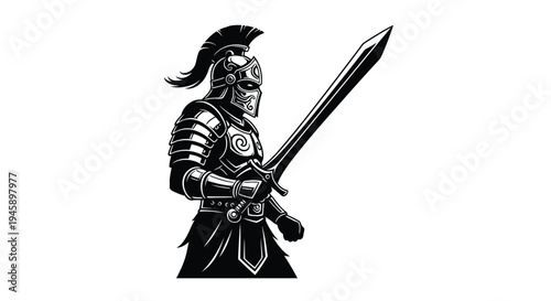 Ancient warrior in full armor wielding a sword dramatic black silhouette