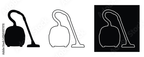 Three different vacuum cleaner illustrations in black and white on various backgrounds