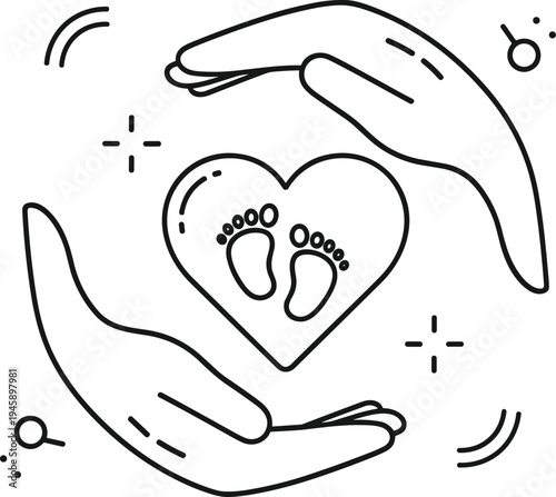 Hands protecting baby footprints inside heart outline vector illustration, maternity care, pregnancy support and newborn protection concept line art design