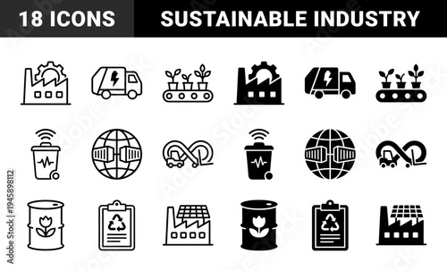 Circular economy and industrial sustainability icons featuring hybrid symbols of renewable energy manufacturing and green logistics in dual styles