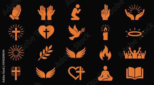 Orange religious icons on black background  praying hands  cross  heart  dove  flame  people  wings  candle  book