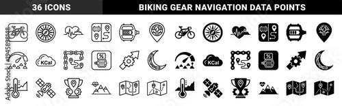 Cycling and mountain navigation hybrid icon collection featuring bicycle components merged with map pins compass needles and topographic terrain