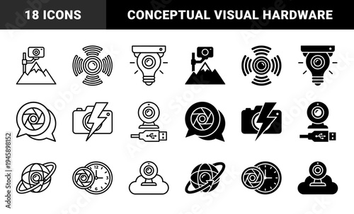 Hybrid Surveillance and Photography Icon Set Featuring Camera Lens Merged with Mountain Peaks Light Bulb Globe Signal Waves and Clock Face