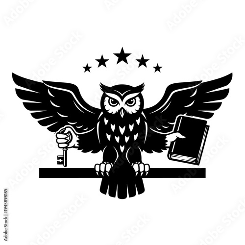 Black and white owl illustration with key book and stars on white background