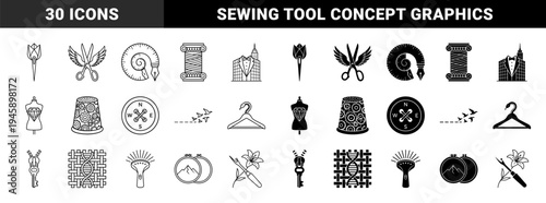 Hybrid tailoring and haute couture icons combining sewing tools with elegant metaphors like butterfly wings columns and floral elements in outline and solid styles