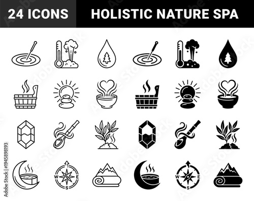 Hybrid Wellness and Nature Icon Set Featuring Symbolic Mergers of Geothermal Springs Zen Stones Herbal Medicine and Outdoor Exploration Elements