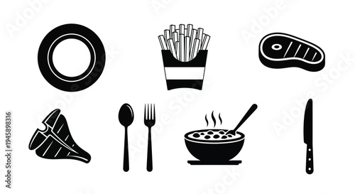 Black silhouettes of food items cutlery and cooking elements silhouette