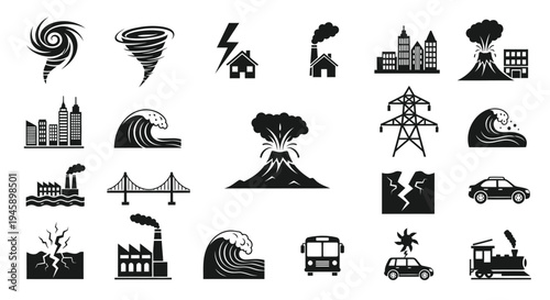 Various natural and man made disaster icons in a flat style silhouette