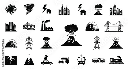 Various disaster icons and infrastructure depictions in a black silhouette