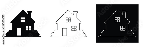 Three house icons in black, White and outline on white and black backgrounds for real estate concepts