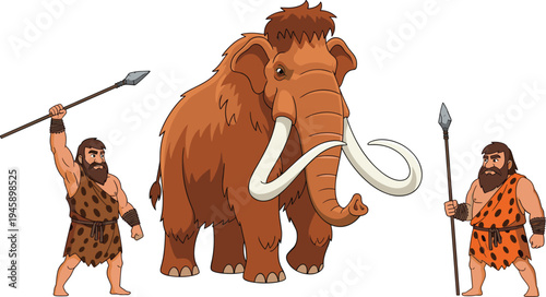Prehistoric cavemen hunters with woolly mammoth ice age primitive people cartoon flat vector illustration