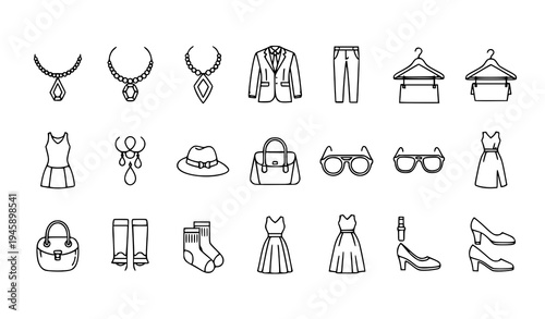 Minimal Fashion Outline Icons Clothing Accessories UI UX Vector Collection