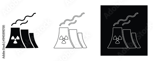 Nuclear power plant icons in black, White and outline on dark background
