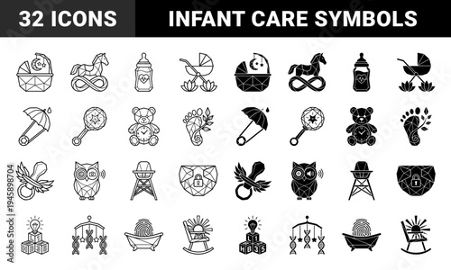 Hybrid geometric baby care icons merging nursery essentials with biological and mechanical symbols in linear and solid black and white styles