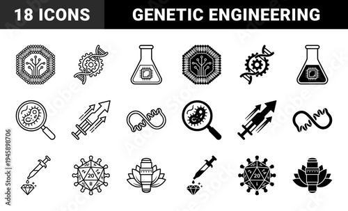 Hybrid biotechnology and synthetic biology symbols merging genetic DNA strands with mechanical gears microchips and laboratory glassware