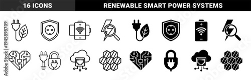 Hybrid eco energy and smart technology symbols merging power plugs with leaves battery wifi signals and circuit hearts in linear and solid styles