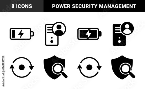 Hybrid security and power management symbols featuring combined battery charging status with user profile access and encrypted data protection elements
