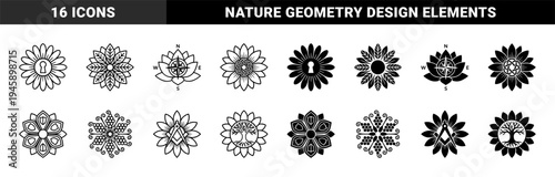 Symmetric floral hybrid icons featuring geometric petals merged with mystical symbols like compass rose keyhole celtic knot tree of life and mason square