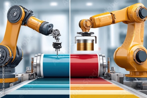 Robotic arms performing automated color printing and coating on industrial production line rollers