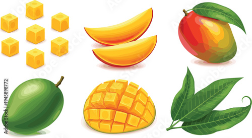 Fresh mango fruit whole sliced cubes and leaves tropical juicy food flat vector illustration set isolated