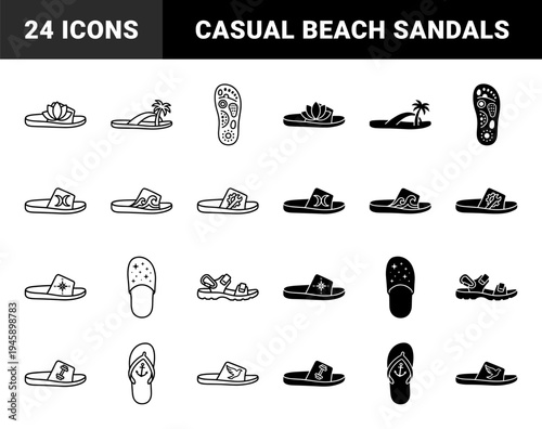 Sandal and Slide Footwear with Hybrid Graphic Emblems Including Tropical Palm Trees Lotus Flowers Compass Rose Gym Dumbbell and Nautical Anchor