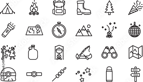 black and white line icons for outdoor adventure activities