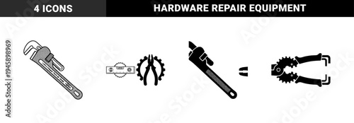 Industrial hardware hybrid icons merging pipe wrench and pliers with gear wheels and level measurement tool for construction and engineering design