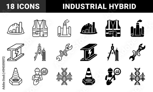 Hybrid Industrial and Engineering Icon Set Merging Construction Tools with Scientific Data and Energy Symbols in Minimalist Black and White Style
