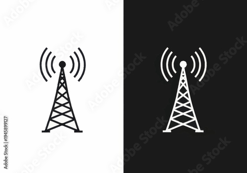 A communication tower emits signals in both black and white illustrations.