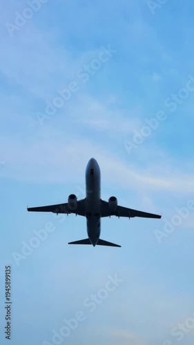 Jet plane taking off and climbing into the sky. 
Flying away airliner. Tourism and travel concept, modern aviation.
