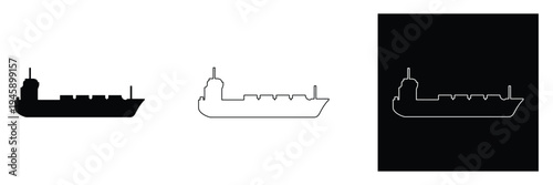 Collection of cargo ship silhouettes and outlines on white and black backgrounds