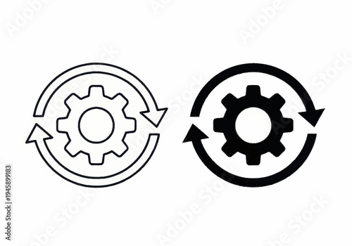 Gear icons exchange positions in a circular motion with arrows.