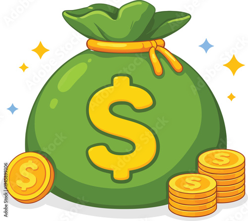 Cartoon Money Bag and Gold Dollar Coins