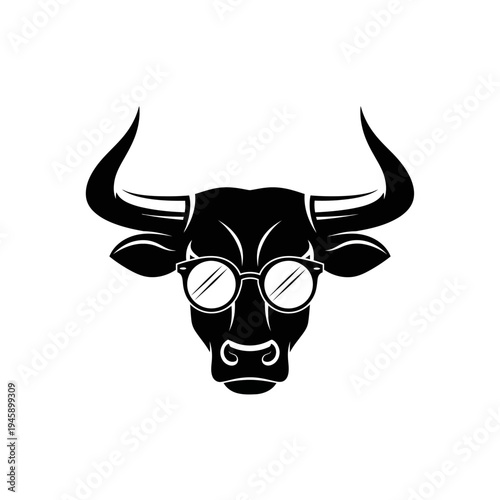 Stylized black bull head wearing glasses isolated on white background