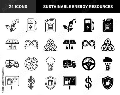 Sustainable energy and eco friendly fuel hybrid icons merging gas pump nozzles with leaves solar panels and wind turbine trucks for green logistics