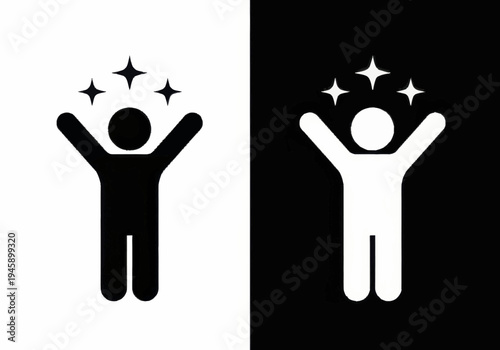 A person celebrates with arms raised under sparkling stars on contrasting black and white backgrounds.