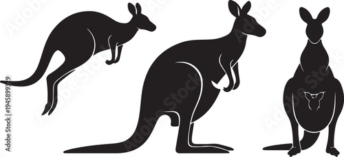 Kangaroo Silhouette Set in Different Poses Australian Wildlife Vector Illustration