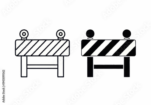 Two barricades with striped patterns are shown side by side in black and white illustrations.