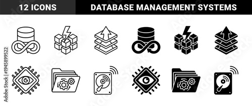 Data Management and Analytics Hybrid Symbols Featuring Database Infinity Loop Lightning Bolt Blocks Layered Arrow Processor Eye Folder Gears and Disk Filter