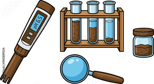 Scientist examines soil samples with a digital device and magnifying glass in a laboratory setting with test tubes.