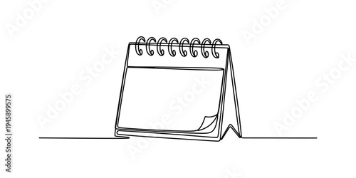 Continuous line drawing of a simple desk calendar with spiral binding and a curled page corner. Vector, illustration