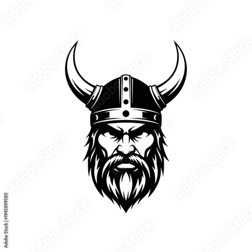 Viking warrior head illustration with horned helmet and detailed beard