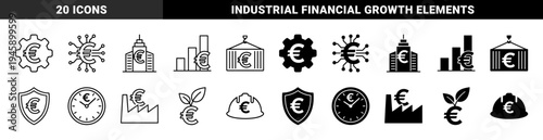 European Economy Hybrid Icon Set Featuring Euro Currency Integrated with Industrial Gears Growth Charts Green Energy and Smart Technology Symbols