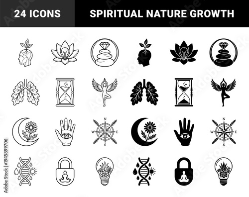 Mindfulness and Holistic Wellness Symbols Featuring Hybrid Nature Concepts Such as Brain Plants Lotus Bulbs and Butterfly Books in Dual Styles