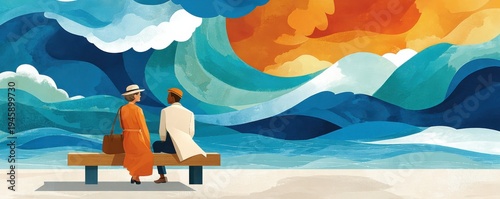 Two people sitting on a bench by an abstract seaside watching colorful waves and sunset together