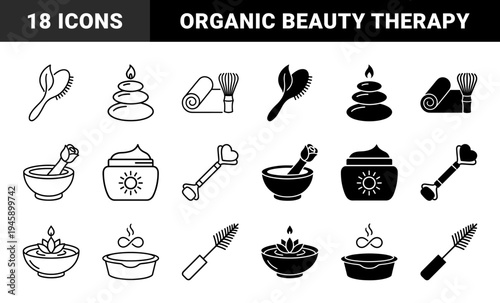 Wellness and Holistic Spa Therapy Icons Featuring Hybrid Symbols Like Lotus Bowls Sun Infused Skincare And Botanical Hair Brushes In Dual Line And Solid Styles